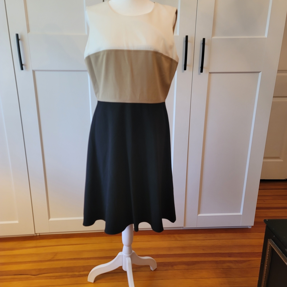 Calvin Klein Black, Tan, and White Dress